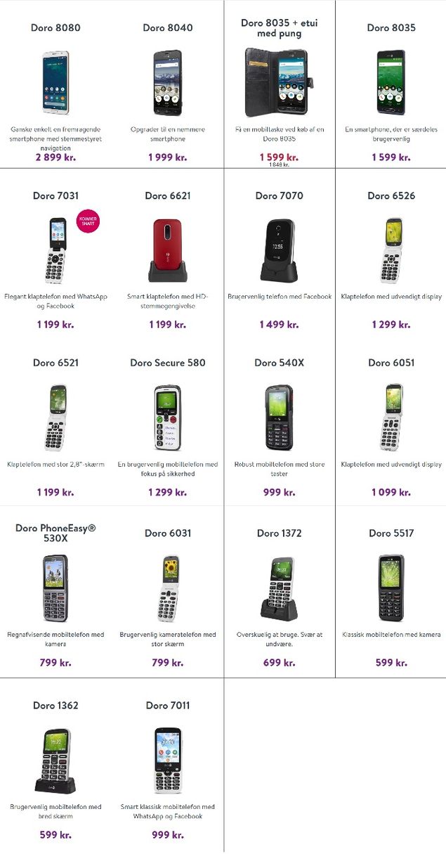 Doros telefonmodeller – med fysisk tastetur, klapmodeller og smartphones - fra 599 kr. til 2.899 kr. 