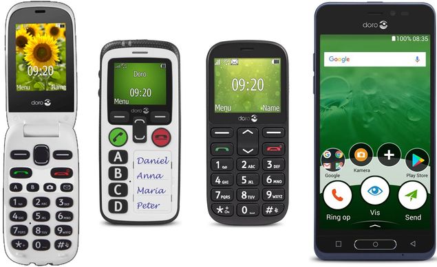 Forskellige Doro-mobiltelefonmodeller.