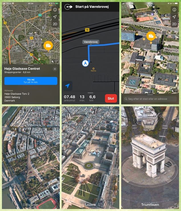 Herover ses skærmbilleder fra Kort-appen på iPhone. Man kan finde en rute på et kort; se et sted på såvel et tegnet kort som på flyfoto. Endvidere kan du se stedet i 3D. Verdens storbyer kan også overflyves som turist på telefonen - de tre nederste billeder er genererede 3D-billeder fra turistoverflyvningen af Paris - alt sammen er skabt ud fra digitale 3D-modeller i Kort-appen i telefonen. 